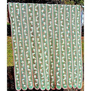 Vintage Afghan Throw Blanket Scalloped Edge Hand Crochet Peach Greens Tan 68x52